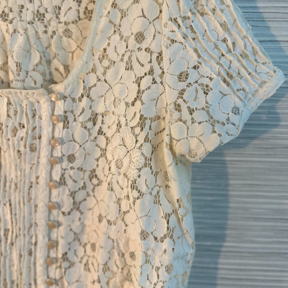 Lace Blouse – Cream, Scoop Neck, Pintucks, Buttons - Akiabara Argentine